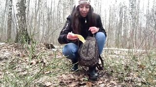 Peeing on her underwear into the woods while nobody sees