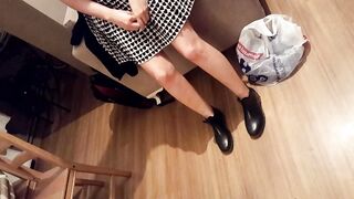 beauty sitting girlfriend shows crossed legs, Bae booty inside thongs