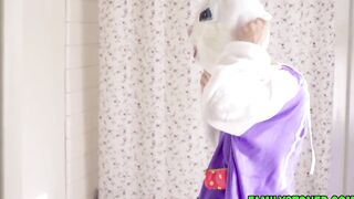 Stepson wears the mascot to have a pounded with his