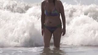 My Hispanic ex-wife, older on the beach, shows off, gets