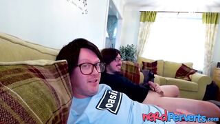 Tricked amateur lady sucking off off 2 lucky nerds