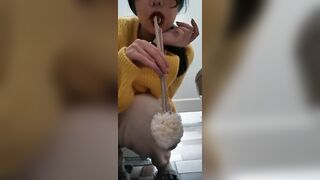 Bimbo is licking restroom grope and eating crazy tampon