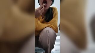 Bimbo is licking restroom grope and eating crazy tampon