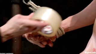 Long jugs mom into hogtie suspension