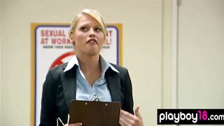 Bombshell irregular sensual harassment course with 2 nude big titted babes