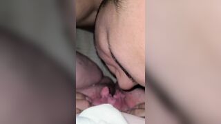 Husband licking red haired bushy cunt.