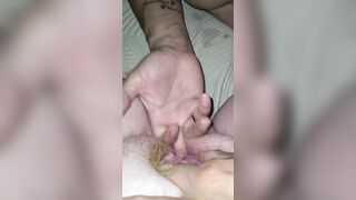 Husband licking red haired bushy cunt.
