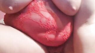 Anal stretching and squirt doggy close up inside red panties