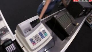 Pawnshop customer gets throatfucked upside down
