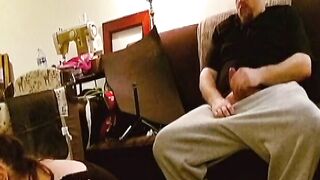cougar Gets Facial After Ignoring Her Man Wanking Behind Her