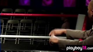 Muscular big boobed blonde older beating a guy inside the boxing