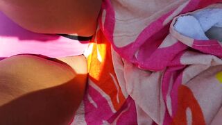 Mistress opens legs bikini slip, vagina hairs cameltoe at pool