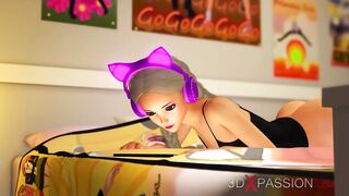 Adorable teenage gamer women with headphones gets boned by a