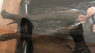 Pee, Catsuit, Corset and Boots into Inflatable Bed