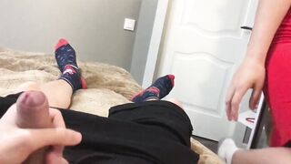 sexy cougar jerks off to me while my father is