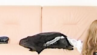Red Head sits on the casting couch and is ready for the banged