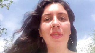 Hot with glasses walks inside outdoor and shows boobies and