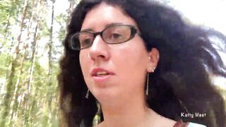 Hot with glasses walks inside outdoor and shows boobies and