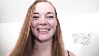 This redheaded teen with D cup tits sucks cock