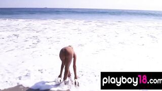 Big Titted tattooed blondie Taylor Seinturier stripping on the beach