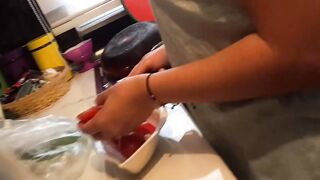 Braless Lover cooking, huge rough nipples under shirt