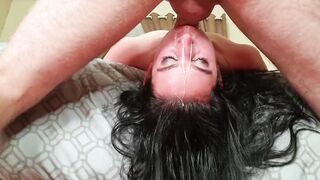 Whore gagging on dick as she gets roughly throated while