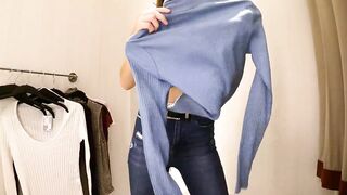Goddess 19 year old with tiny boobs try-on haul thin blouses, pullovers