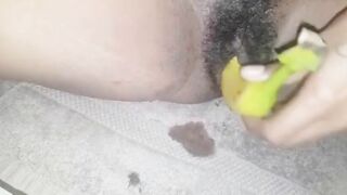 Fallen Angel uses a banana to orgasm and dribble