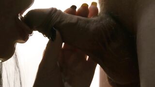 I piss my beloved whore inside the mouth close-up.
