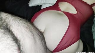 Red crotchless bodysuit doggy style