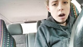 Into outside with sex toy and having an orgasm inside a vehicle