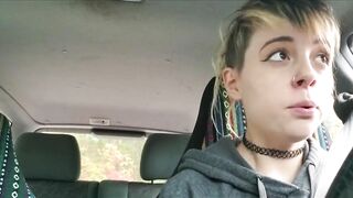 Into outside with sex toy and having an orgasm inside a vehicle