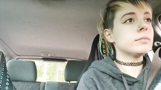 Into outside with sex toy and having an orgasm inside a vehicle