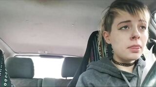 Into outside with sex toy and having an orgasm inside a vehicle