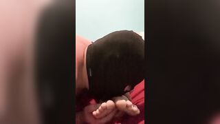 This little pervert licks his cum which he left on my toes !