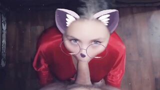 a babe inside a snap blows her bf's long cock