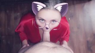 a babe inside a snap blows her bf's long cock
