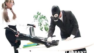 Chesty blonde sexy into pvc takes a rough shaft