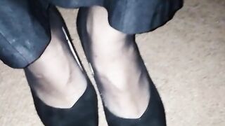 Secretly wearing my wifey's worn work clothes and heels