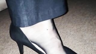 Secretly wearing my wifey's worn work clothes and heels