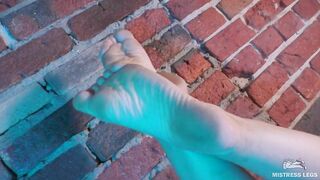 Girlfriend' Barefoot and Filthy Soles Pose