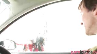Big Titted dark haired washes vehicle before blowing