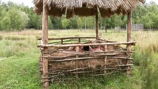 Young freaky pig banged! on the hay wagon by the