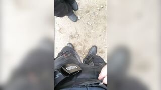 Milf flashing boobs outdoors and offer husband a hand job