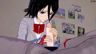 Rukia and Ichigo do sixty nine on the bed before fucking
