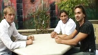 Public double penetration foursome with peeing