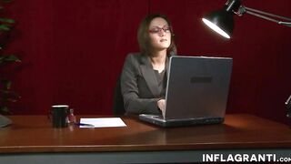Tiny jugs secretary rides dick on the desk