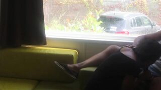 Fiance giving risky fellatio into front of window into a camping