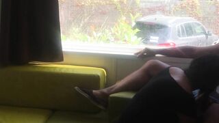 Fiance giving risky fellatio into front of window into a camping