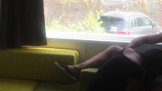 Fiance giving risky fellatio into front of window into a camping